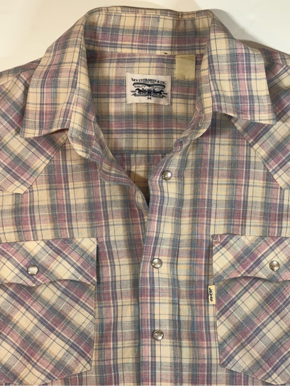Levi’s Western Shirt Men’s Medium Vintage 90s Pearl Snap Pastel Plaid Short Slee